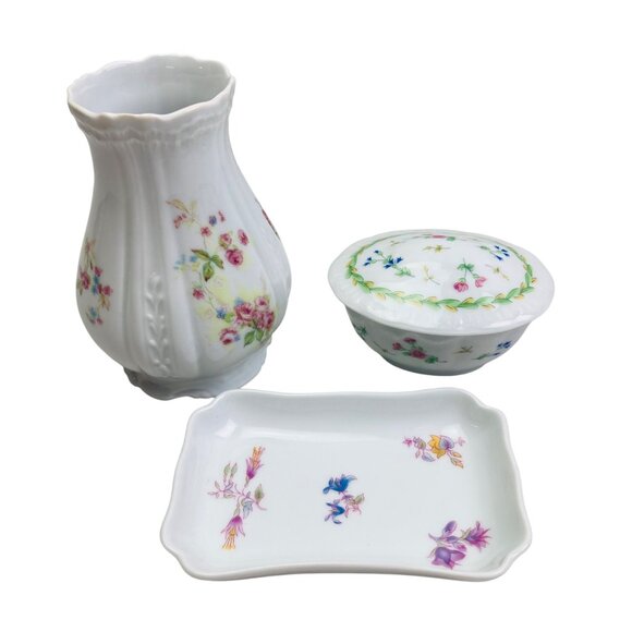 Vintage Haviland Limoges France Floral Porcelain Set - Vase, Tray, Trinket Box - Picture 4 of 13